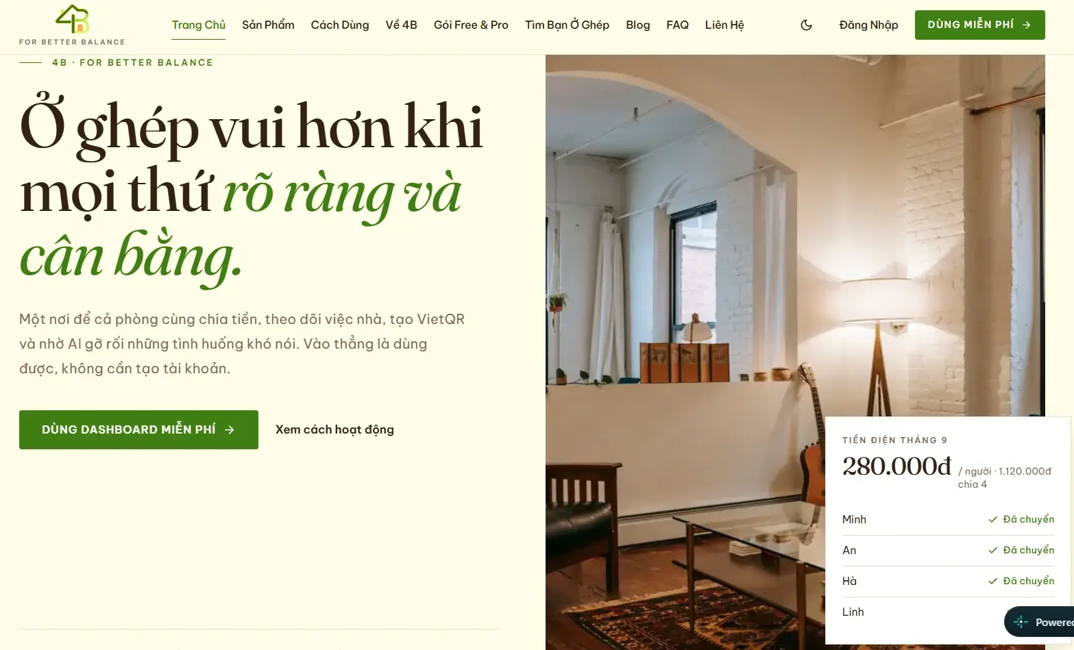 giao diện màn hình chính của web 4B